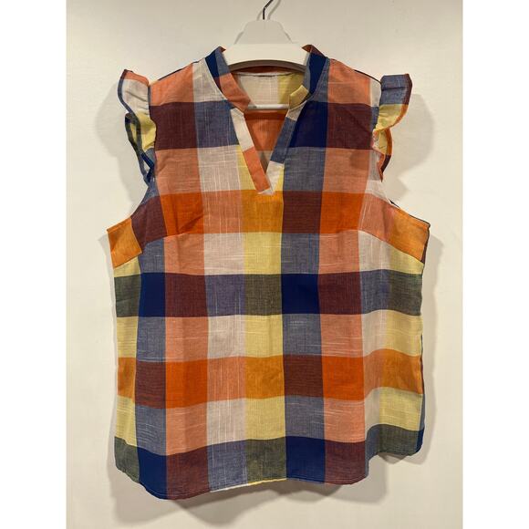 Women’s Plus Size Cotton Sleeveless Ruffle Plaid Colorful Blouse 1X - Picture 2 of 5
